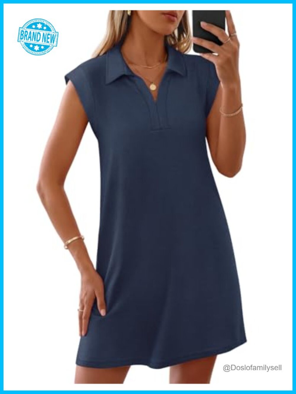 Women's Summer Casual V Neck Collared Loose Mini Dress with Pockets